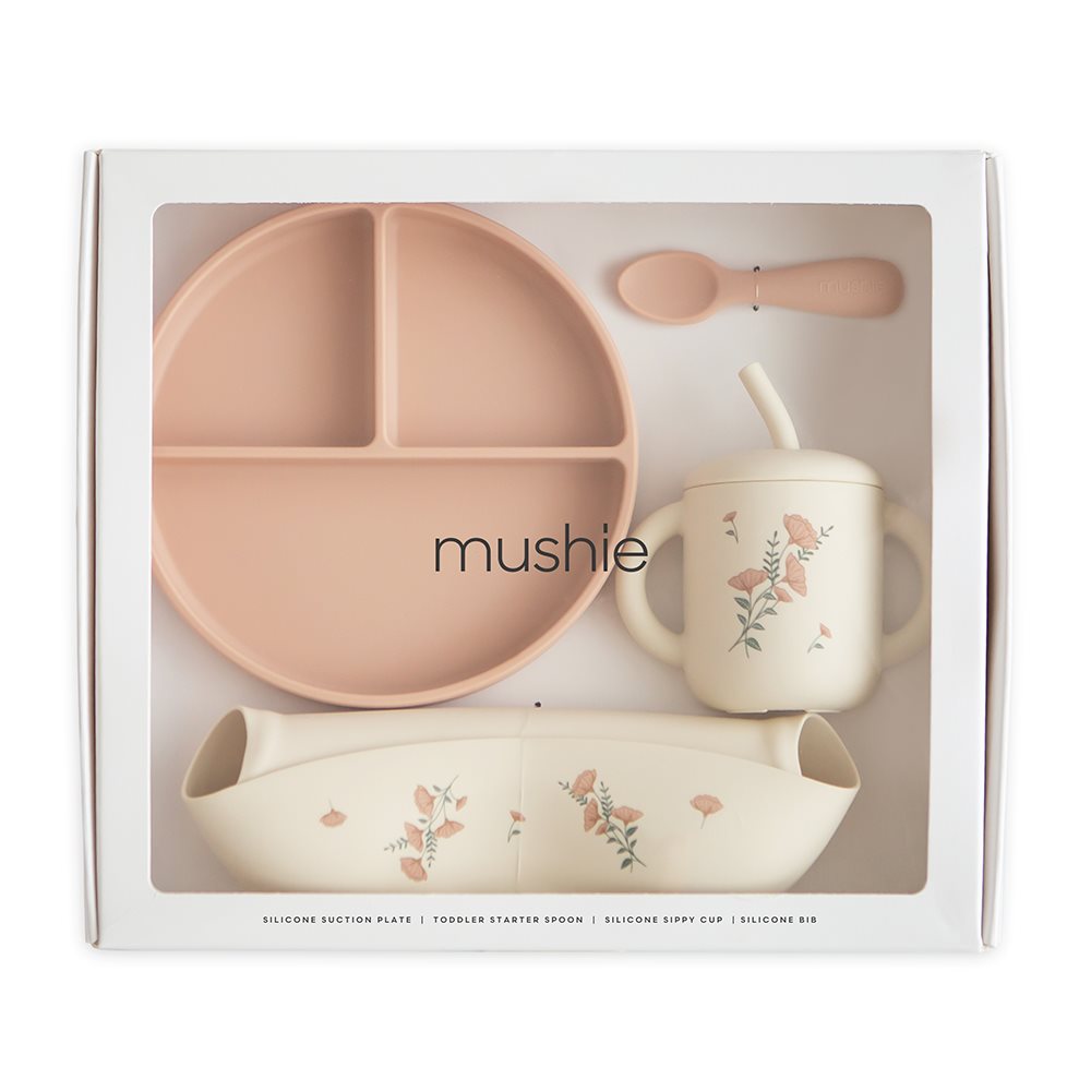 Mushie silikoninen lasten ruokailusetti, blush pink flowers.